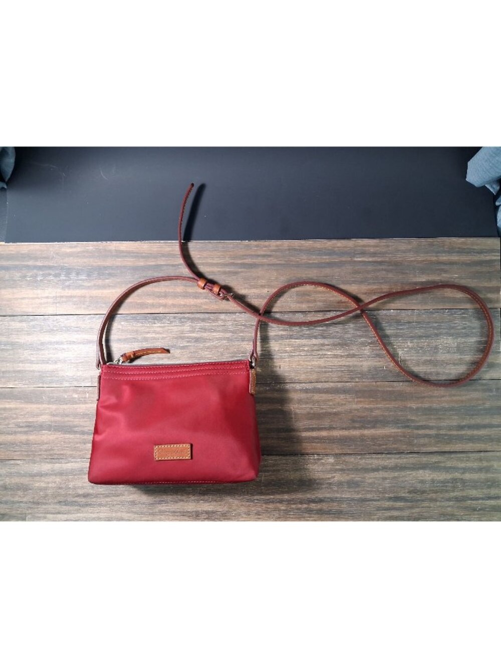 Dooney & Bourke Red Nylon Crossbody Pouchette Bag Purse Brown Leather Strap